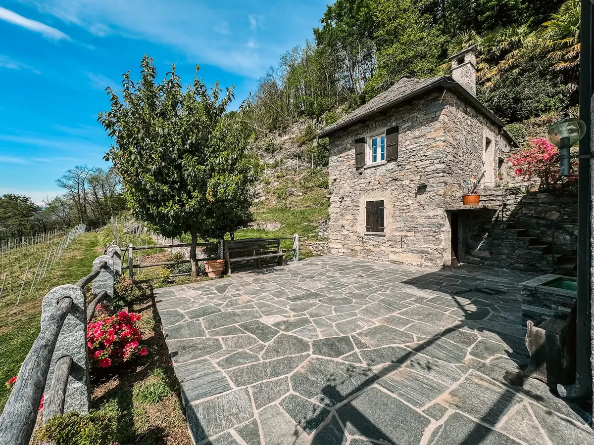 Restored stone rustico and terrace above Sementina